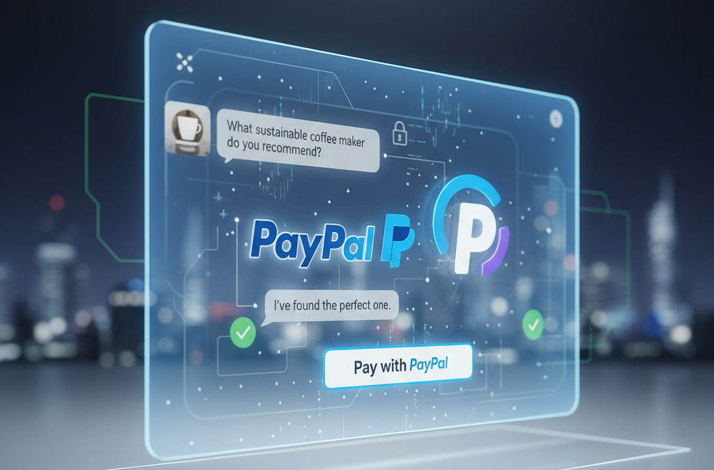 A futuristic translucent screen displays a ChatGPT interface with a coffee maker recommendation and a "Pay with PayPal" button. The PayPal and ChatGPT logos are prominently featured, with a blurred city skyline in the background, symbolizing the integration of AI and secure digital payments.
