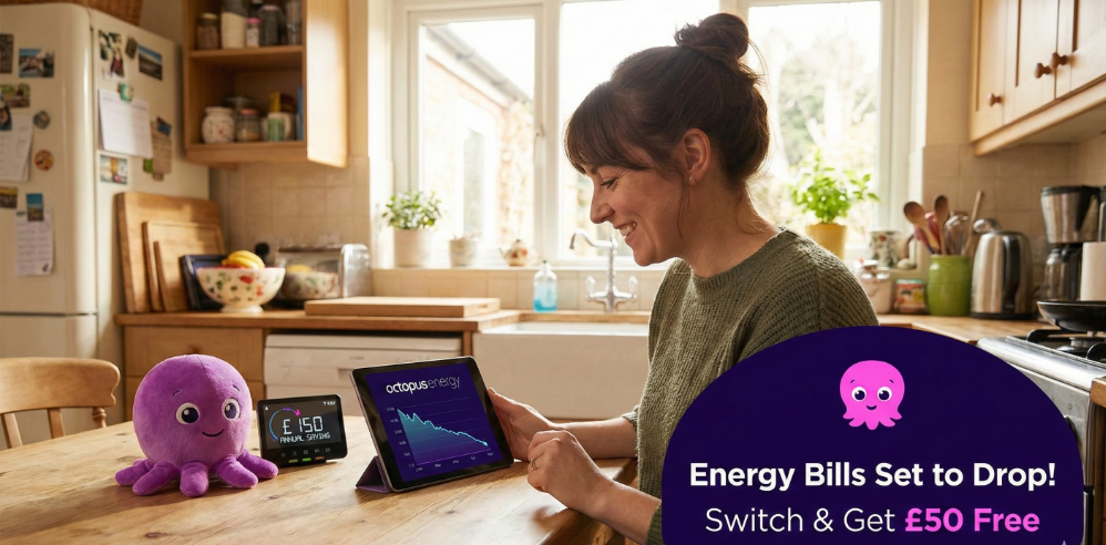 A smiling woman in a kitchen looks at a tablet displaying an Octopus Energy graph showing falling prices. Next to her is a purple Octopus plush toy and a smart meter display showing a "£150 annual saving". A graphic overlay reads, "Energy Bills Set to Drop! Switch & Get £50 Free"