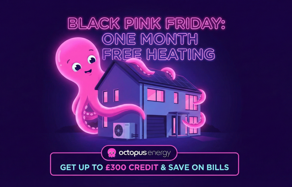 A modern home interior with a cozy armchair and radiator, next to a view of an installed Octopus Energy heat pump outside. Neon pink text reads "Black Pink Friday Deal" and highlights a free month of heating.