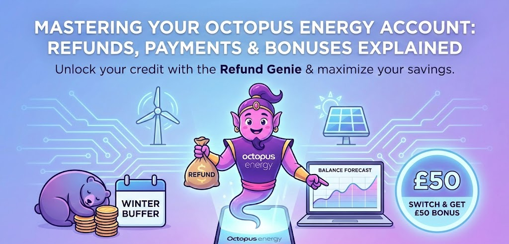 Infographic illustration showing an Octopus Energy 'Refund Genie' emerging from a smartphone app holding a refund bag. It points to a laptop displaying a balance forecast graph. Other elements include a hibernating bear representing a 'winter buffer' of credit, renewable energy icons, and a prominent bubble advertising a '£50 Switch & Get Bonus'. The title reads 'Mastering Your Octopus Energy Account: Refunds, Payments & Bonuses Explained'.