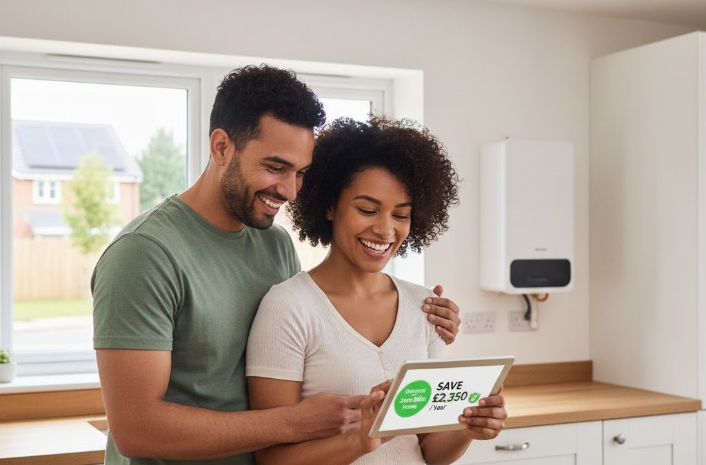 Couple reviewing a tablet featuring the Octopus Energy logo and a promise of home energy savings, symbolizing the Zero Bills tariff and Rightmove partnership.