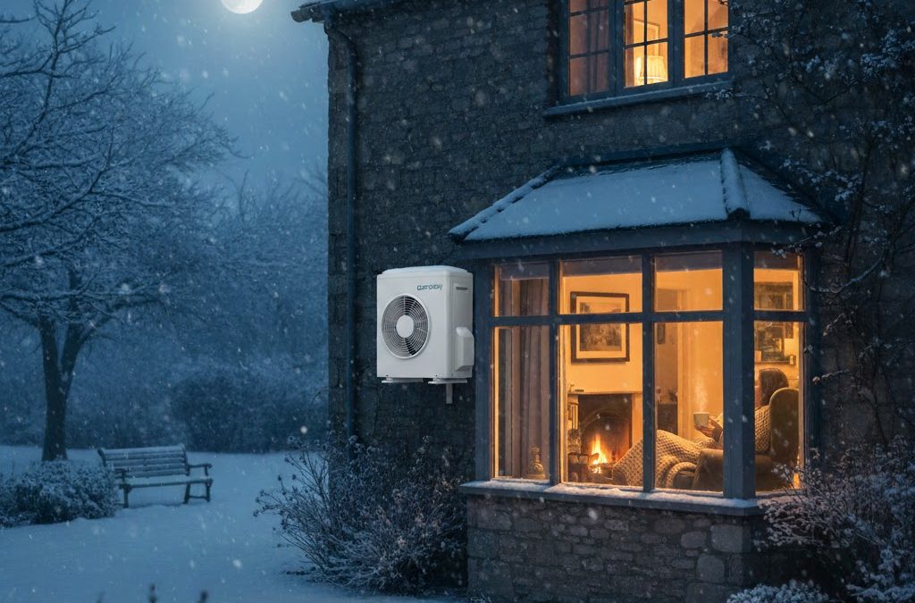 A modern air source heat pump mounted on a stone house during a heavy snowstorm, with a warm glowing window showing a person cozy indoors.