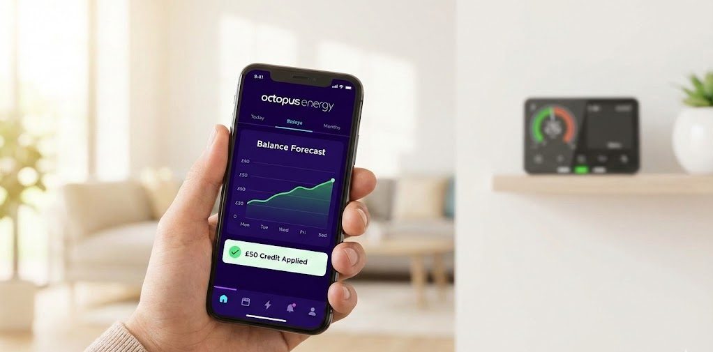 A person's hand holds a smartphone displaying the Octopus Energy app's "Balance Forecast" screen with a green graph and a "£50 Credit Applied" notification. In the blurred background, a smart meter sits on a wooden shelf in a sunlit living room.