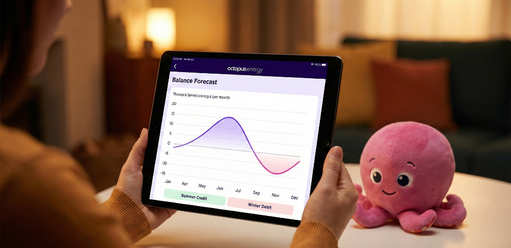 A person holding a tablet displaying the Octopus Energy Balance Forecast graph, showing projected account credit and debit, with a pink Octopus mascot plush toy on the table.