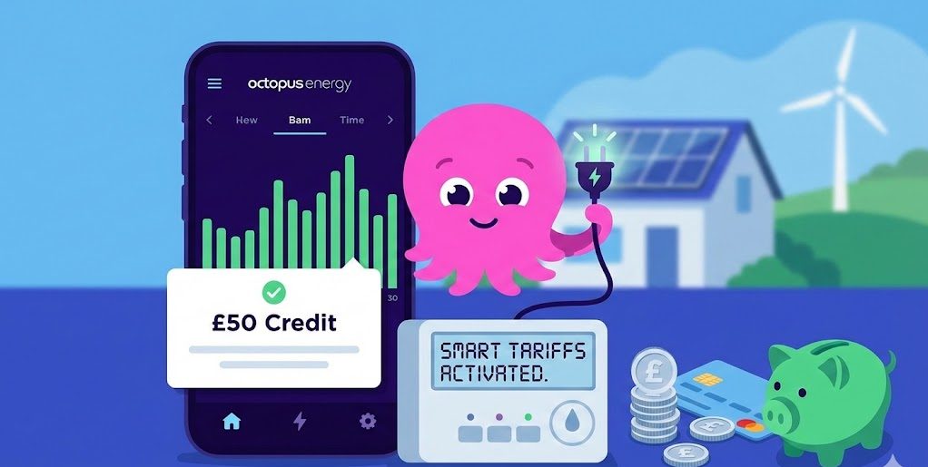 A flat-lay illustration showing the pink Octopus Energy mascot plugging into a smart meter displaying "SMART TARIFFS ACTIVATED." A smartphone next to it shows the Octopus app with a green "£50 Credit" notification pop-up, alongside a stack of pound coins, a credit card, and a green piggy bank. The background features a house with solar panels and a wind turbine on a green hill.