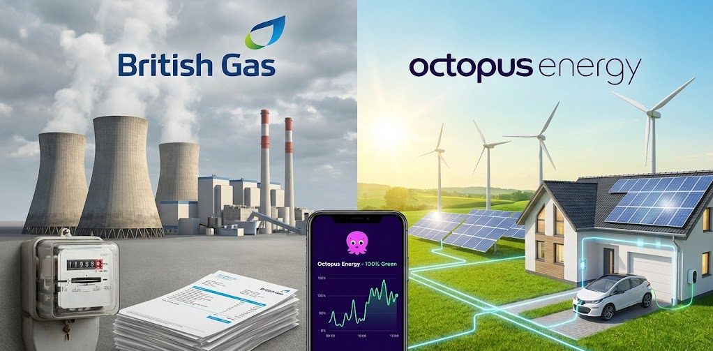 A side-by-side comparison of Octopus Energy and British Gas. The Octopus side features a modern tablet showing "Smarter Tariffs" with a cute purple octopus mascot, while the British Gas side shows an old-style gas meter and a blue flame logo.