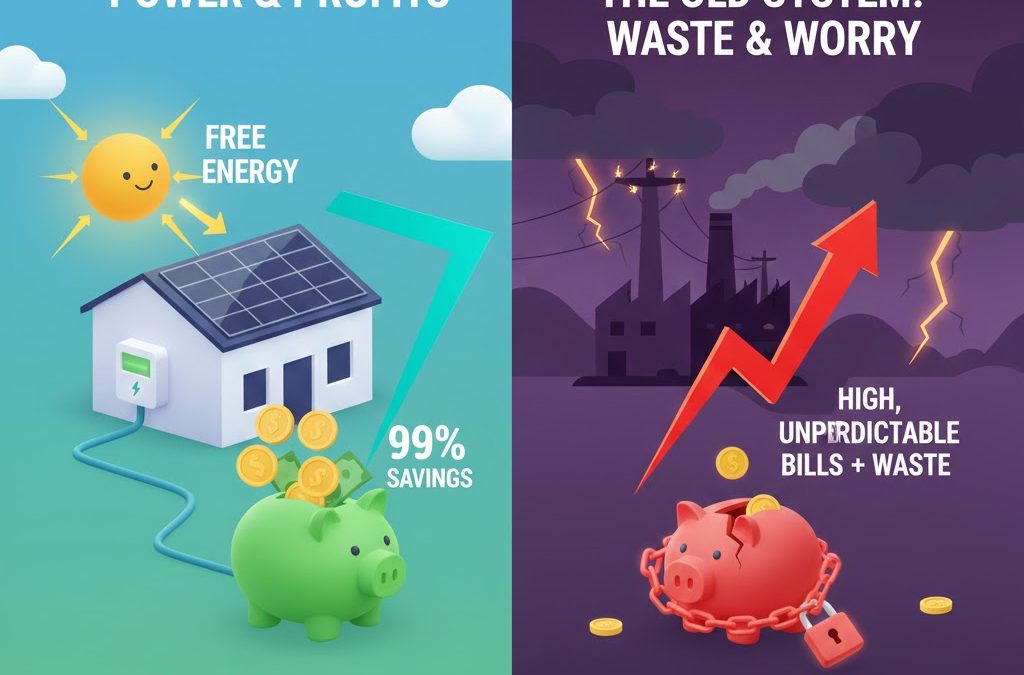 A vibrant infographic showing a modern UK home with solar panels and a battery system, highlighting 99% savings on electricity bills.