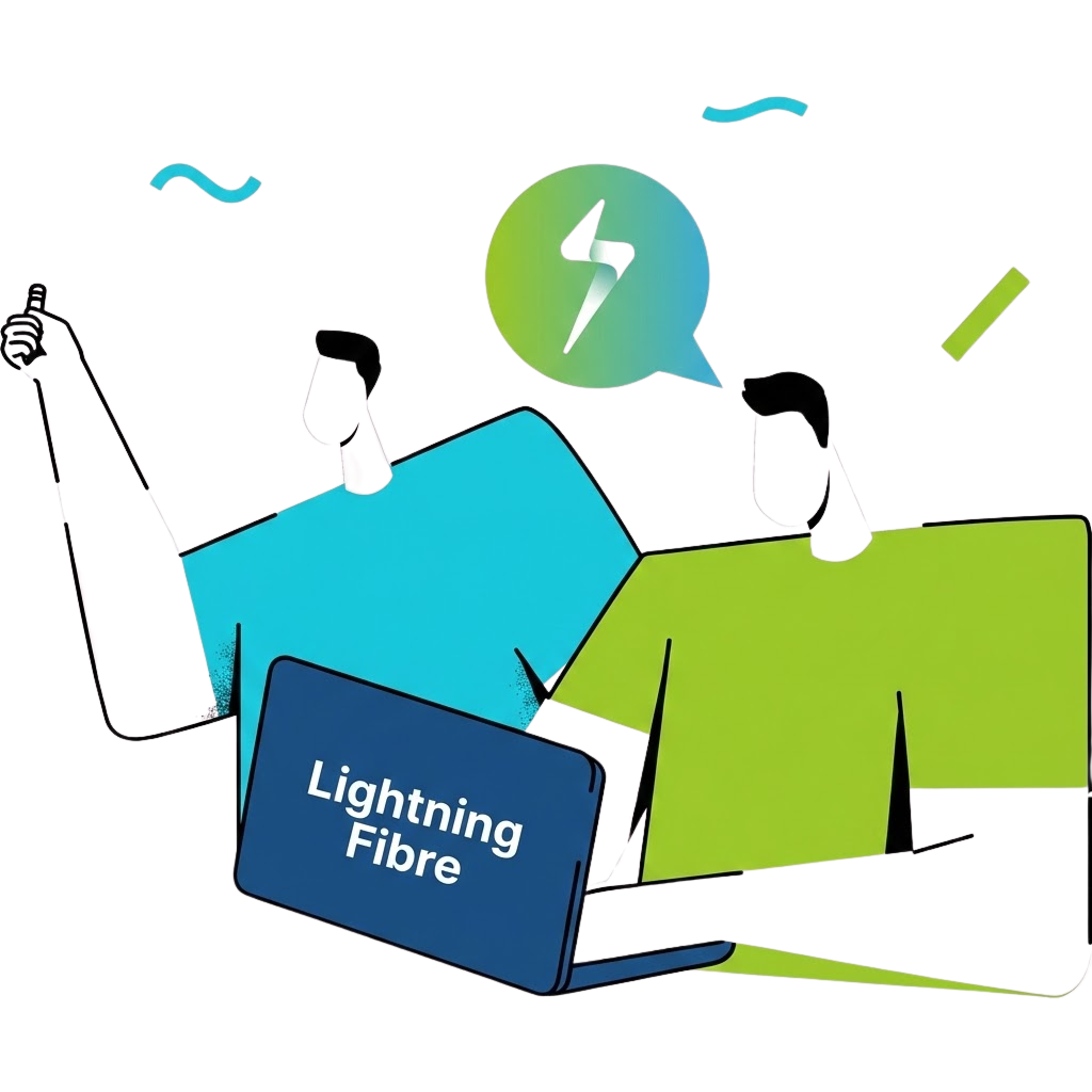 Illustration of two people using a laptop to sign up for Lightning Fibre broadband, with a speech bubble showing the Lightning Fibre logo.