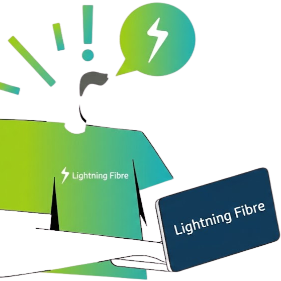 Illustration of a person signing up for Lightning Fibre broadband on a laptop to claim a £25 voucher.