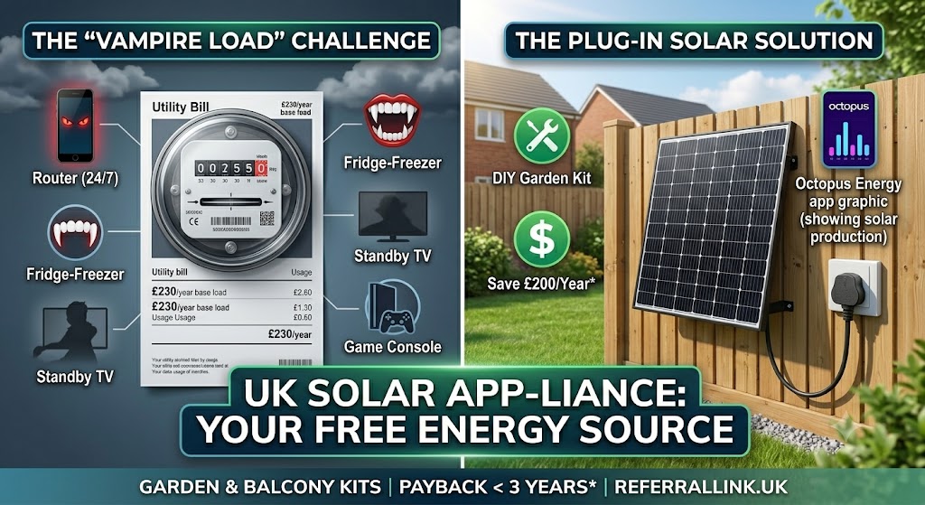 An infographic diagram comparing the cost of household vampire loads like routers and standby TVs with a plug-in solar panel kit installed on a wooden garden fence on a UK property.