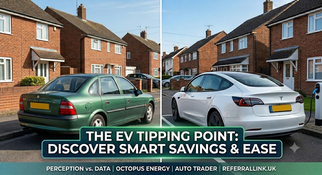 A side-by-side comparison of a green petrol car and a white Tesla electric vehicle charging outside British brick homes, showing the transition from petrol to electric.