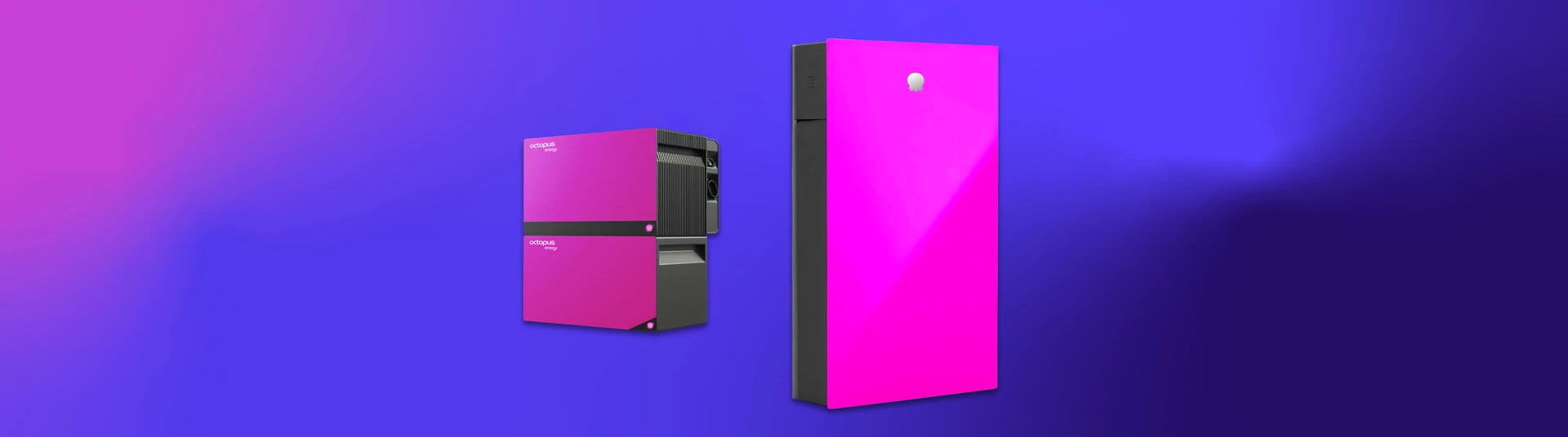The Octopus Nook home battery range, featuring the modular, stacked Nook Cube units on the left and the large, sleek Nook Colossus wall battery on the right, both with bright pink front panels against a purple and blue gradient background.