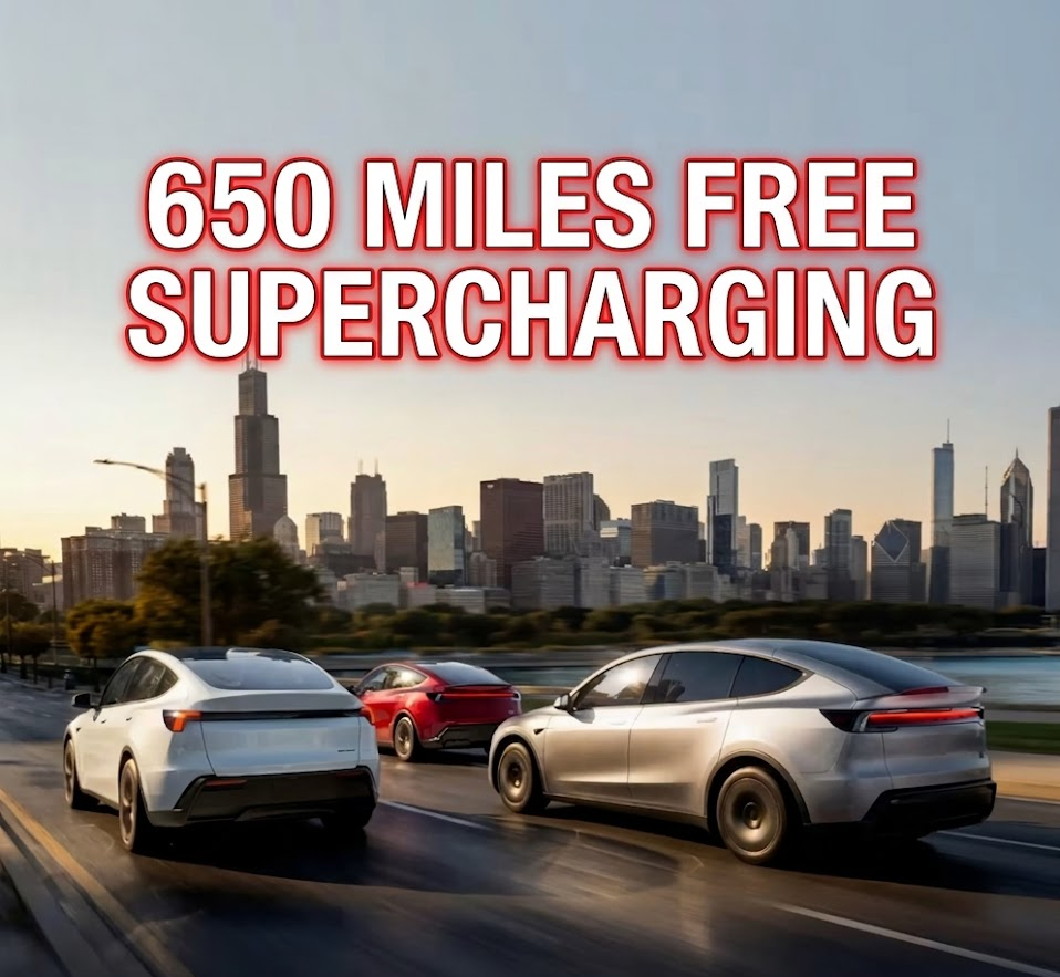 A dynamic photo of three Tesla vehicles—a white Model 3, a silver Model Y, and a red Tesla—driving along an urban waterfront highway against a city skyline. Bold text with a red glowing outline above the skyline reads "650 MILES FREE SUPERCHARGING".