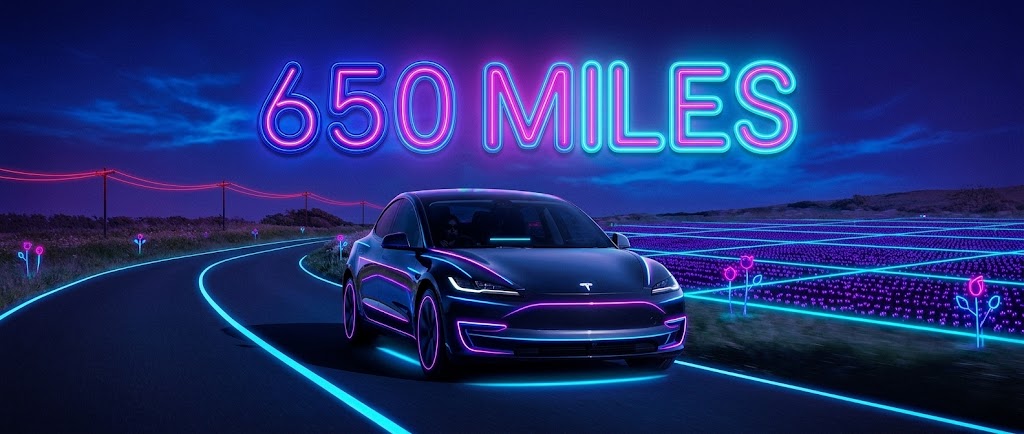 A stylized neon-art photograph of a Tesla driving along a coastal road at night. Glowing pink and cyan neon lines outline the car body, road edges, and surrounding fields, with large neon text in the sky reading "650 MILES".